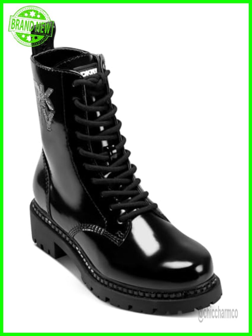 Lace Up Combat Boot With Sequins Square Toe Ankle Faux Leather